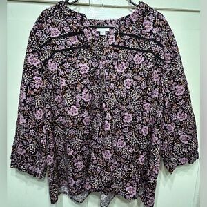 J Jill Womens Black Floral Corduroy Slit Neck 3/4 Sleeve - Size 2XL